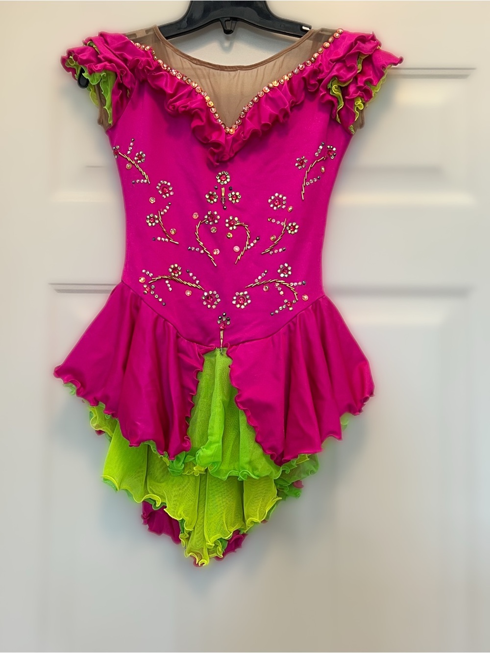 Girls pink and green  custom figure skating dress. See measurments (aprox med)